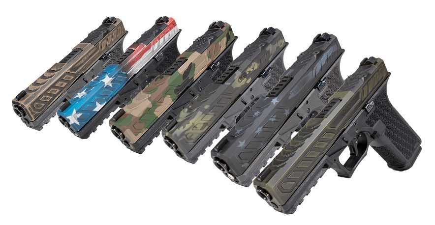 A row of handguns with various patterns and colors.
