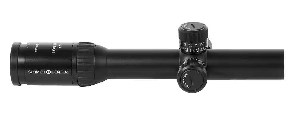 Black rifle scope with adjustment knobs and lens.