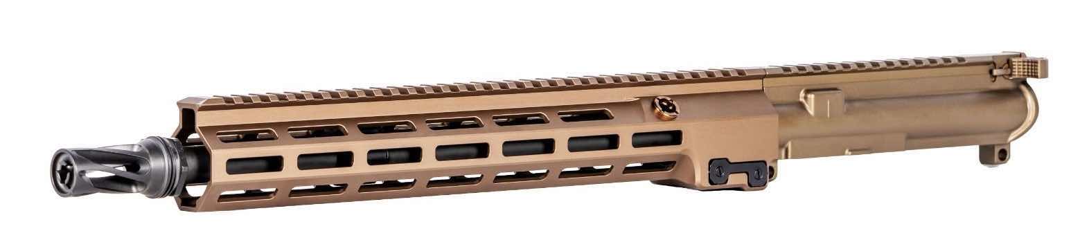 A bronze firearm upper receiver with ventilation slots.