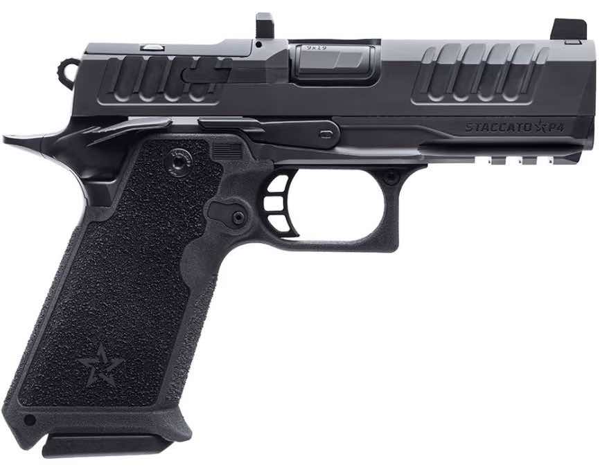 Black semi-automatic pistol on a white background.