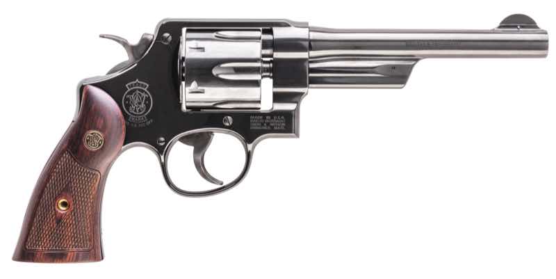 A silver revolver with a wooden grip, positioned sideways.