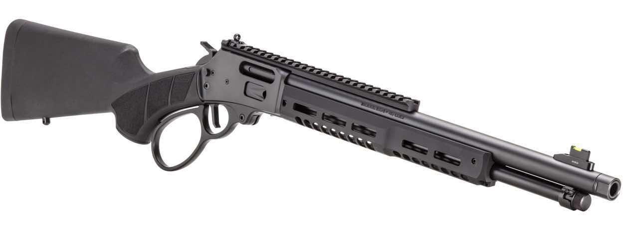 Black firearm with a long barrel and tactical features.