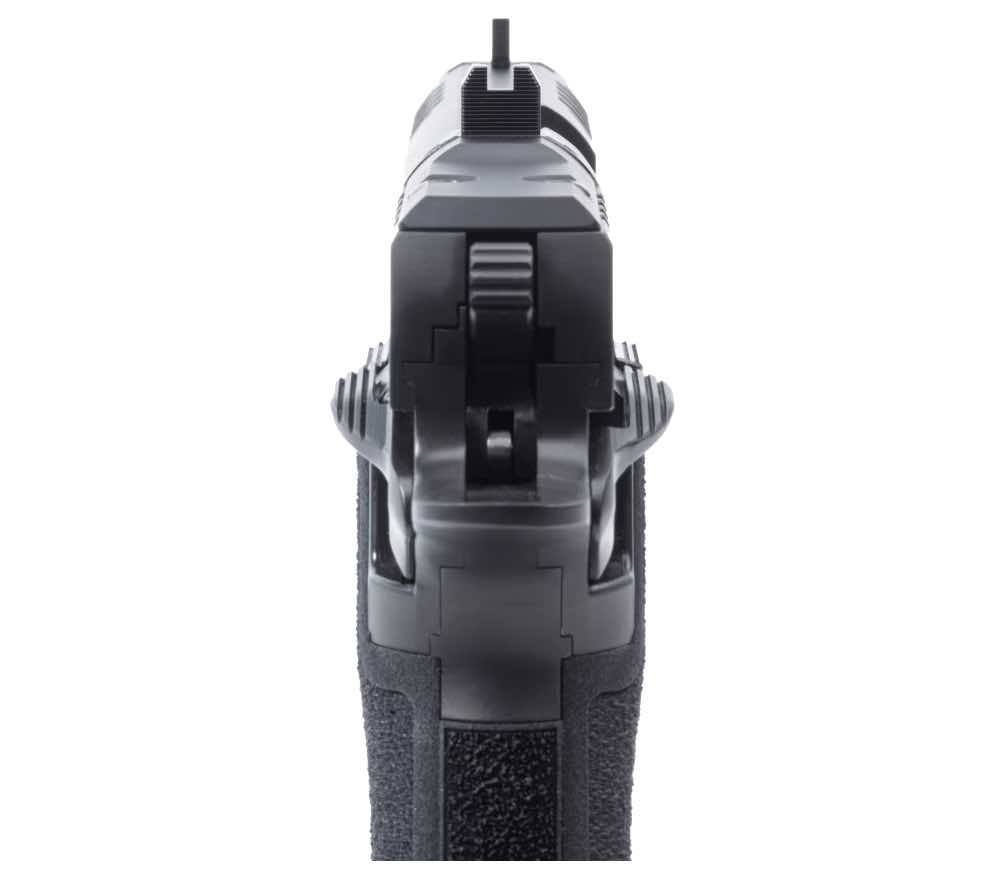 A close-up view of the front of a handgun.
